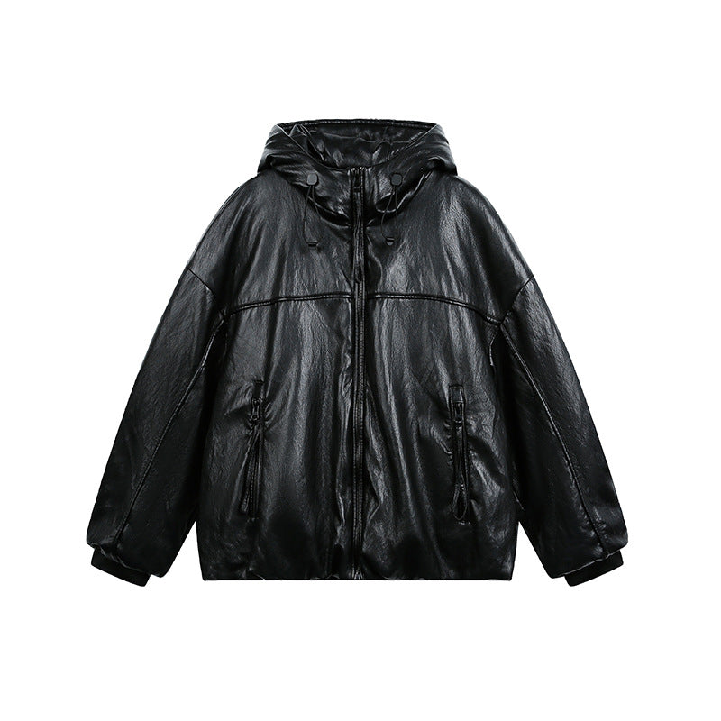 Men's Oversized Faux Leather Jacket with Hood and Zipper Chichicherry