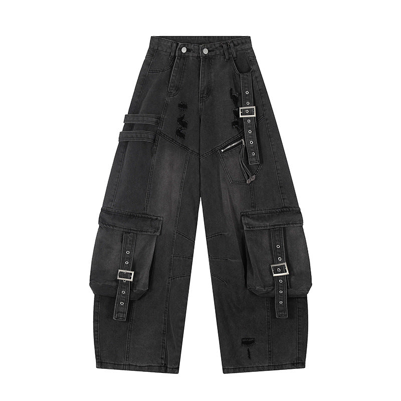 Women's wide jeans cargo culotte with tactical pockets, belt applications and used details Chichicherry