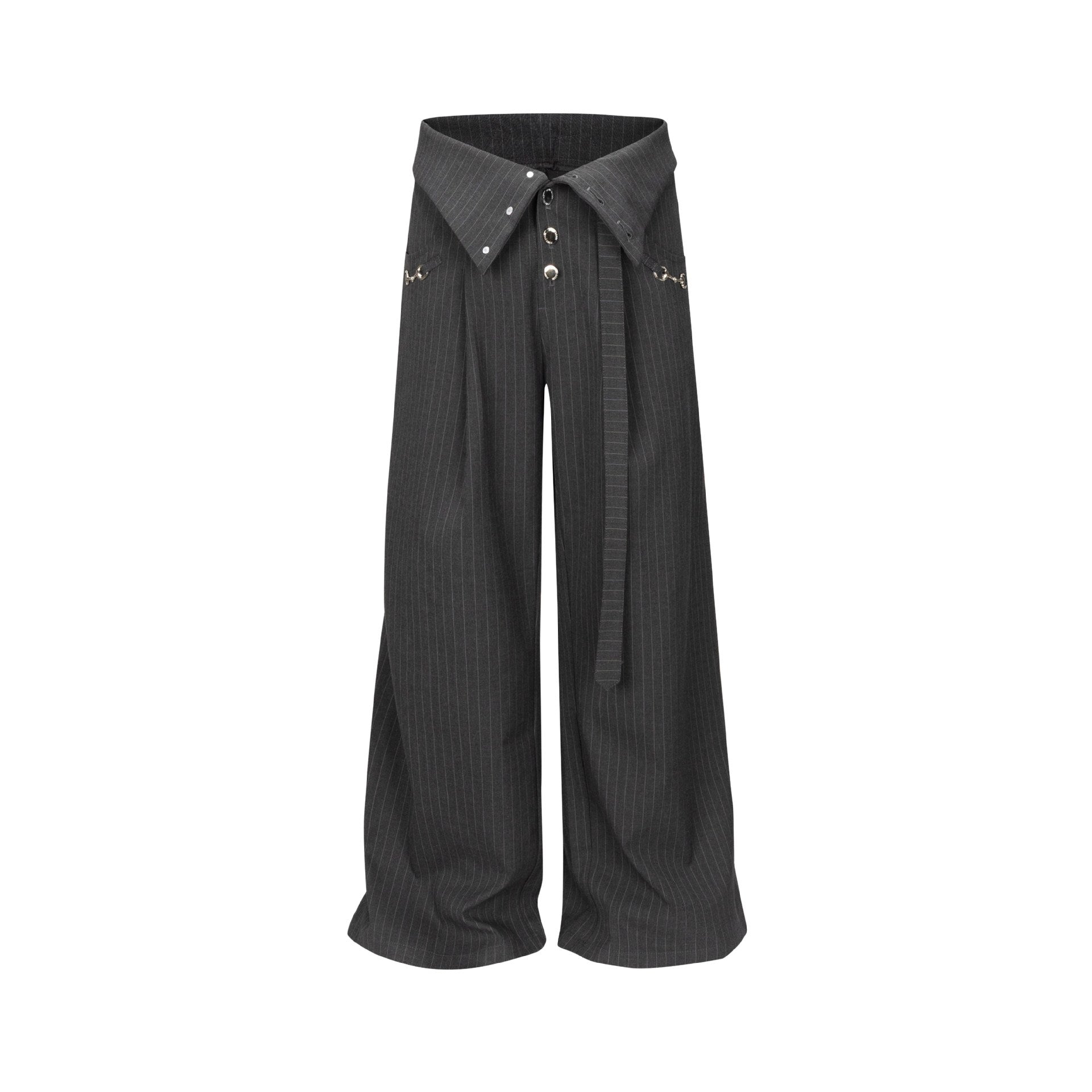 Women's Wide Pleat Trousers with Shirt Collar Waistband and Decorative Buttons Chichicherry