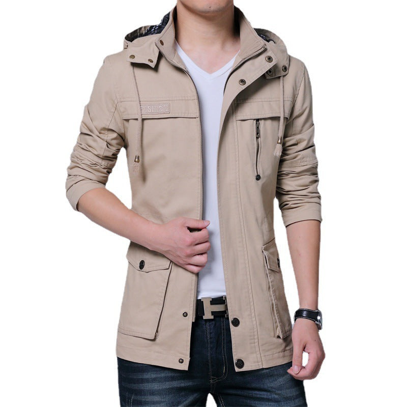 Men's Utility Canvas Jacket with Hood, Zip Front and Multiple Pockets Chichicherry