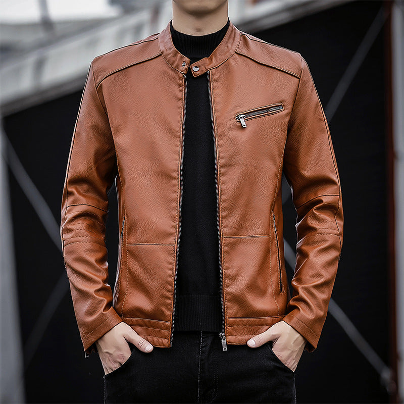 Men's Slim-Fit Faux Leather Moto Jacket with Stand Collar and Zipper Details Chichicherry