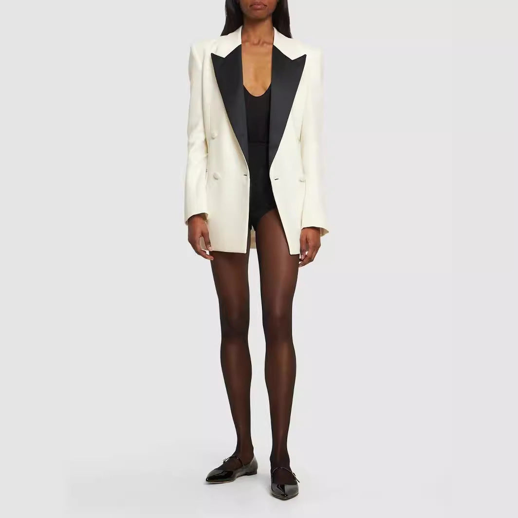 Women Double-Breasted Blazer Coat in Tuxedo Style with Contrasting Shawl Collar Chichicherry