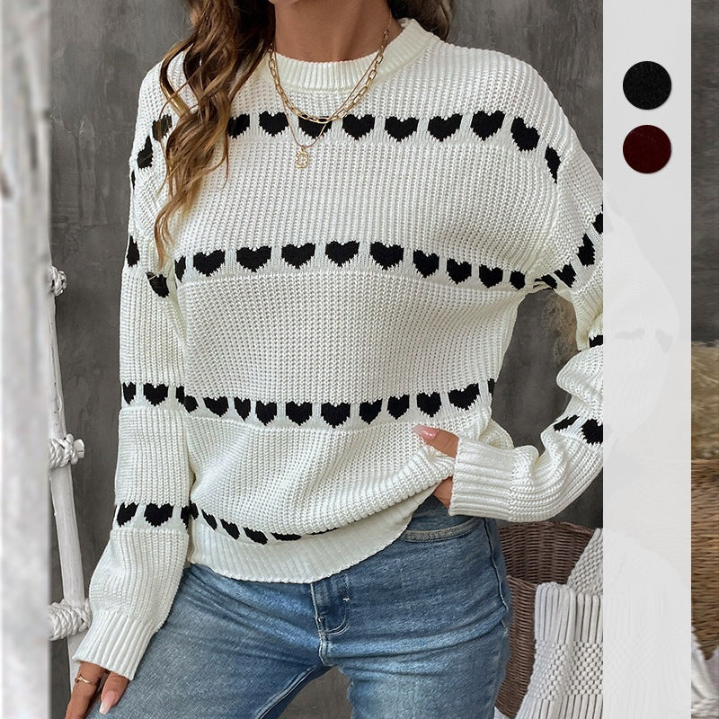 Women’s knit sweater with heart jacquard, round neckline, and casual oversized fit Chichicherry
