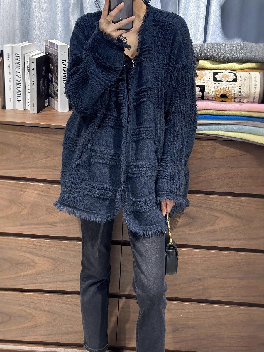 Women's Oversized Knit Cardigan with Structured Check Pattern Look, Fringes and Pockets Chichicherry
