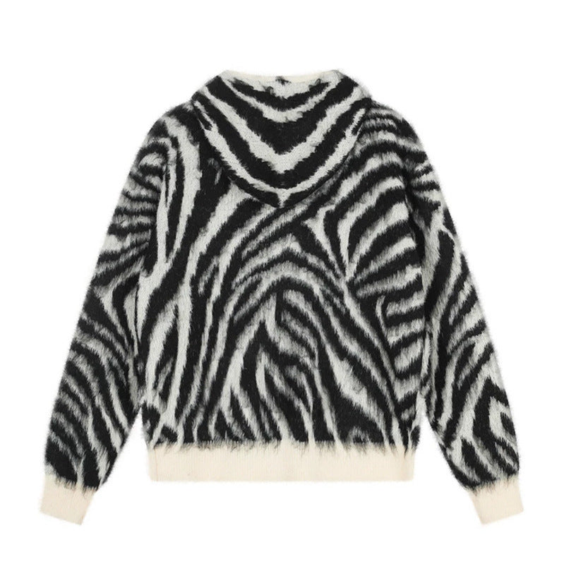 Women's Fluffy Zip Hoodie Cardigan with Zebra Jacquard and Kangaroo Pocket Chichicherry