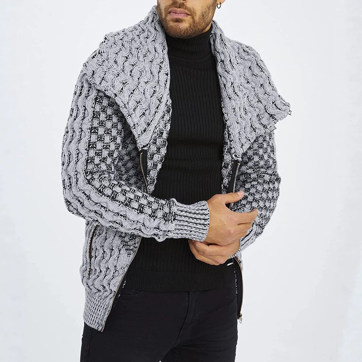 Men's chunky knit cardigan with asymmetric wrap collar and zipper Chichicherry
