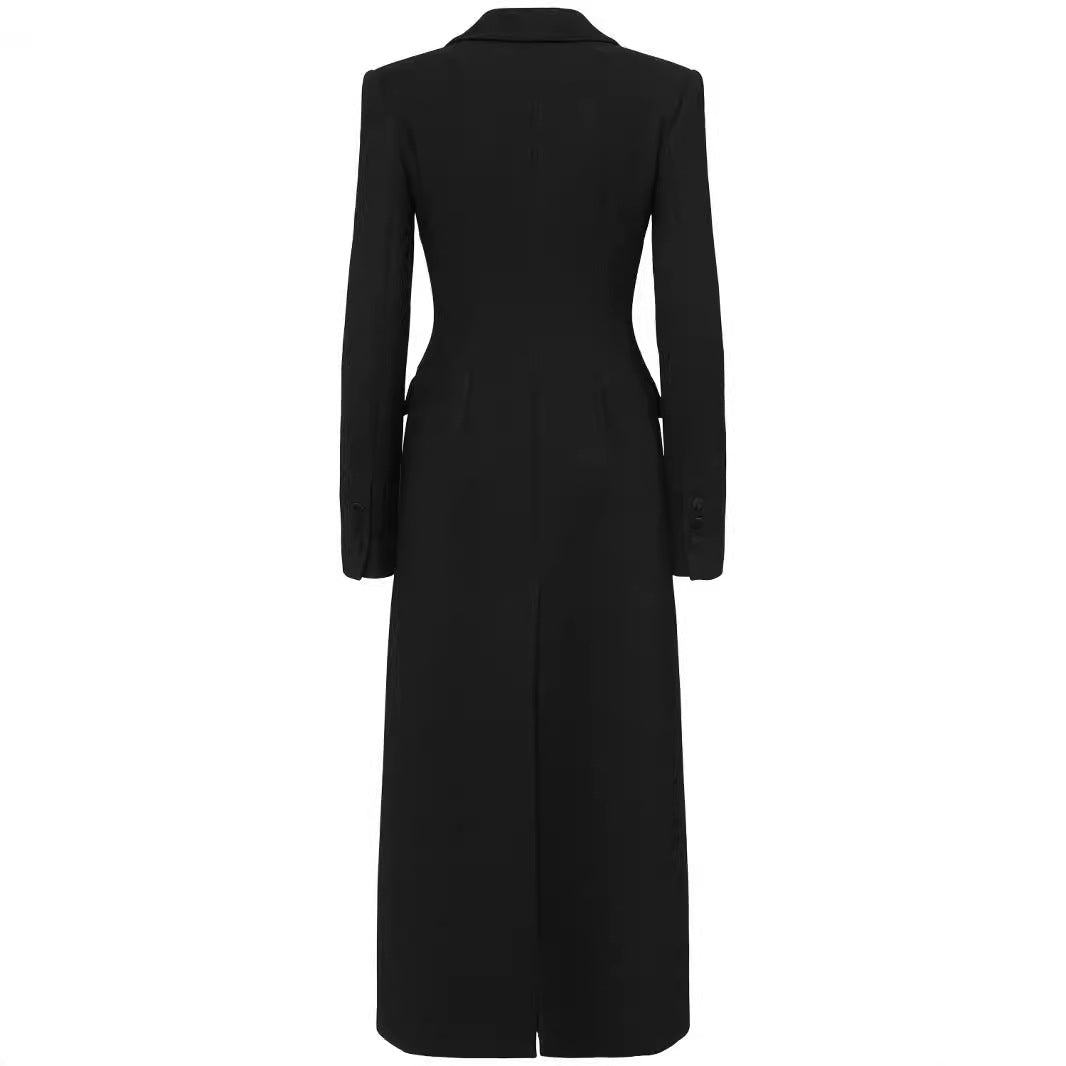 Women's Double-Breasted Tailored Blazer Dress with Maxi Length and Flap Pockets Chichicherry