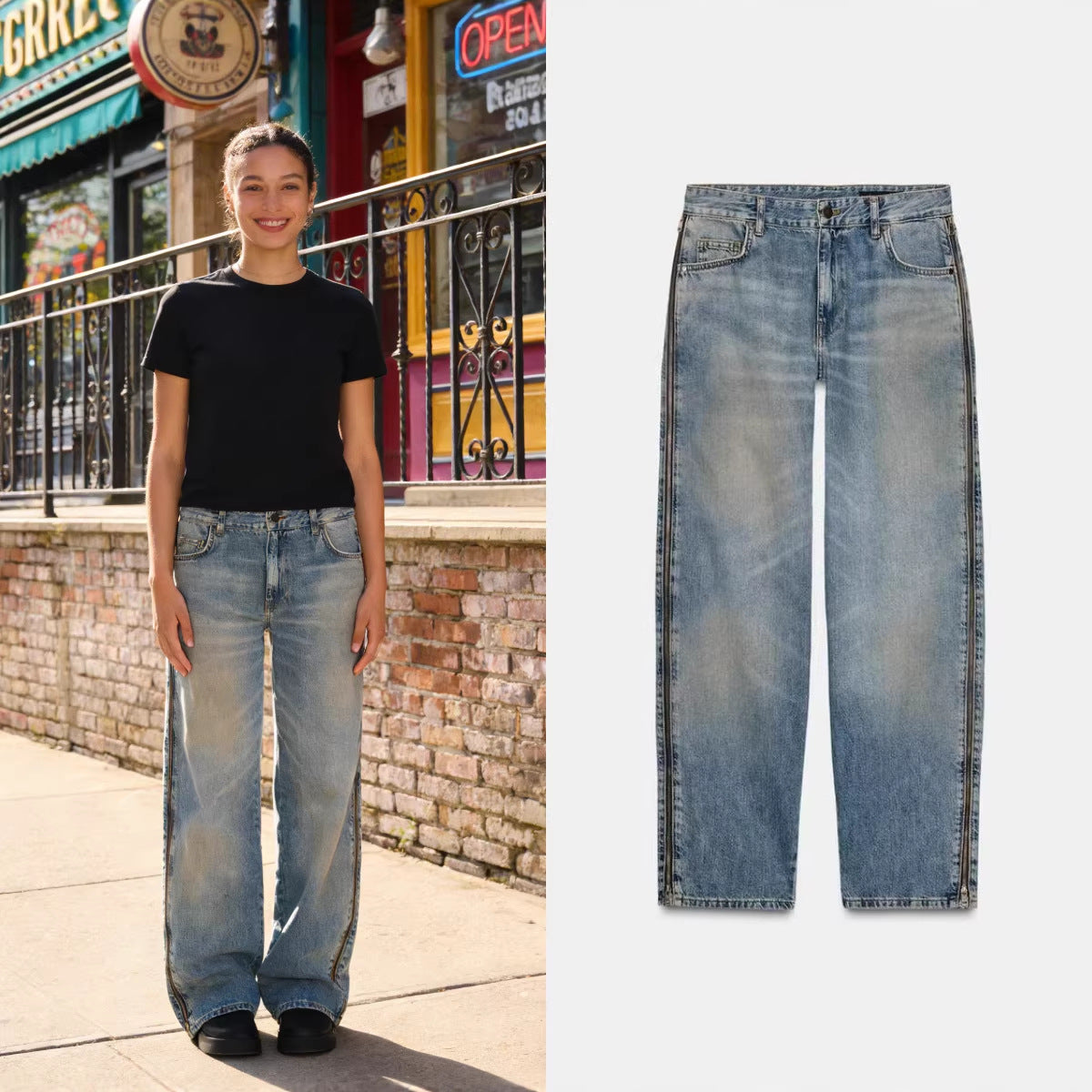 Ladies Wide High-Waist Jeans with Straight Leg and Vintage Wash Chichicherry