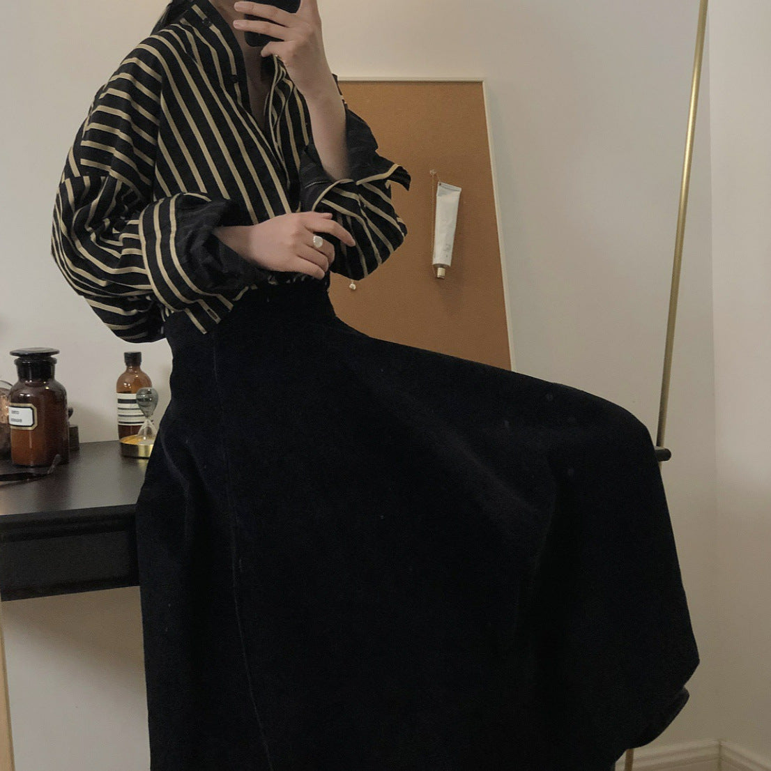 Women Striped Oversized Shirt Blouse with Drop Sleeves and Button Cuffs Chichicherry