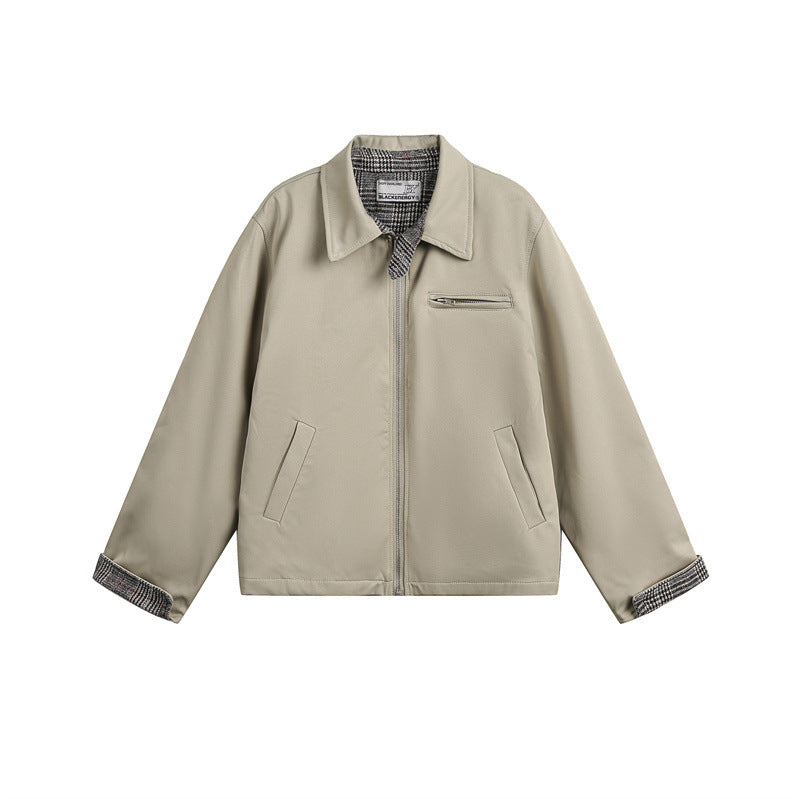 Unisex Short Cut Boxy Blouson Jacket with Checked Lining and Chest Zip Pocket Chichicherry