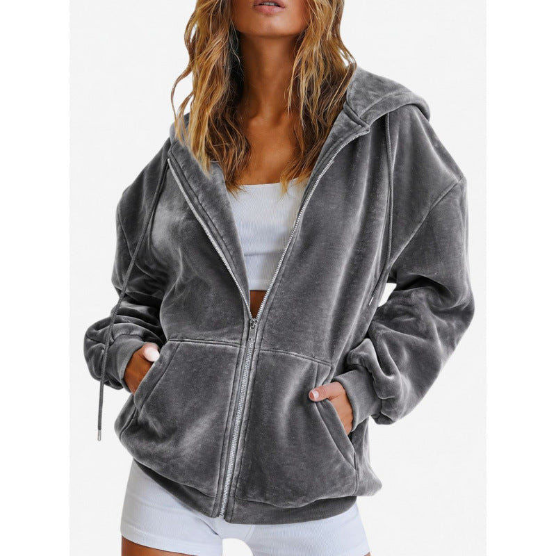 Ladies velours zip jacket with kangaroo pockets and drawstring hood Chichicherry