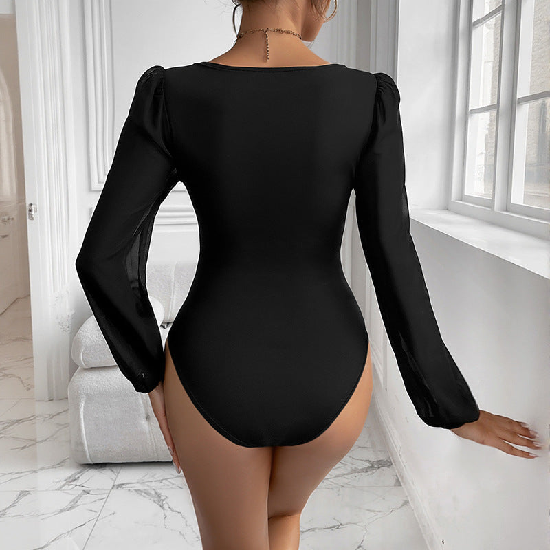 Women's figure-hugging bodysuit with heart-shaped neckline, puffed sleeves, and transparent chiffon sleeves Chichicherry
