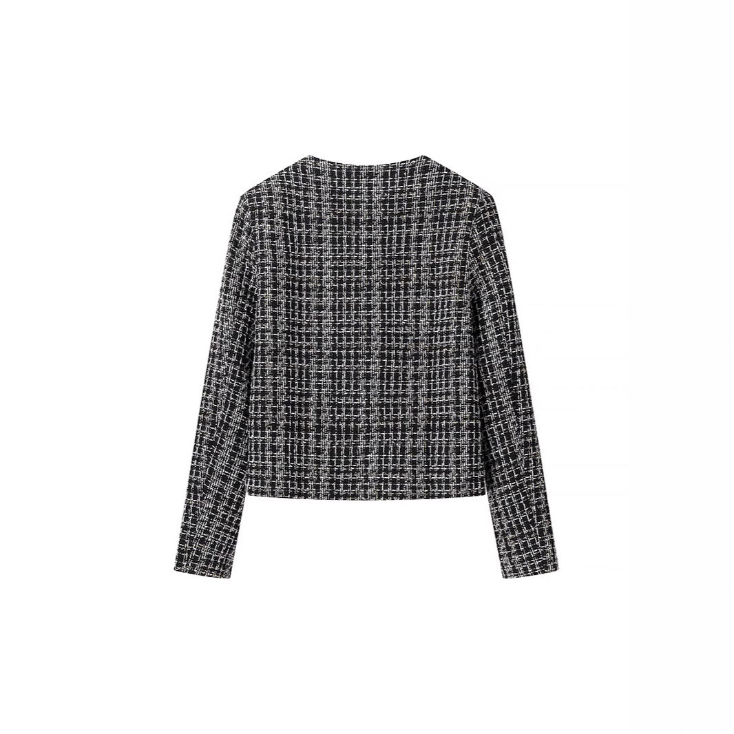 Women Boucle Tweed Jacket with Decorative Buttons and Boxy Cropped Silhouette Chichicherry