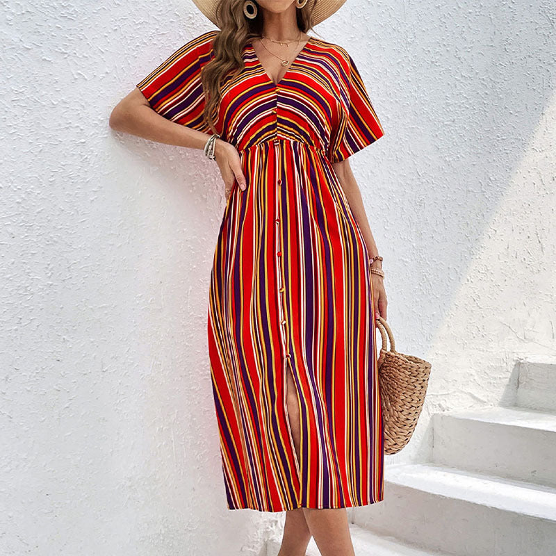 Women's Striped Midi Dress with V-Neck, Button Placket and Waist Gathered Chichicherry