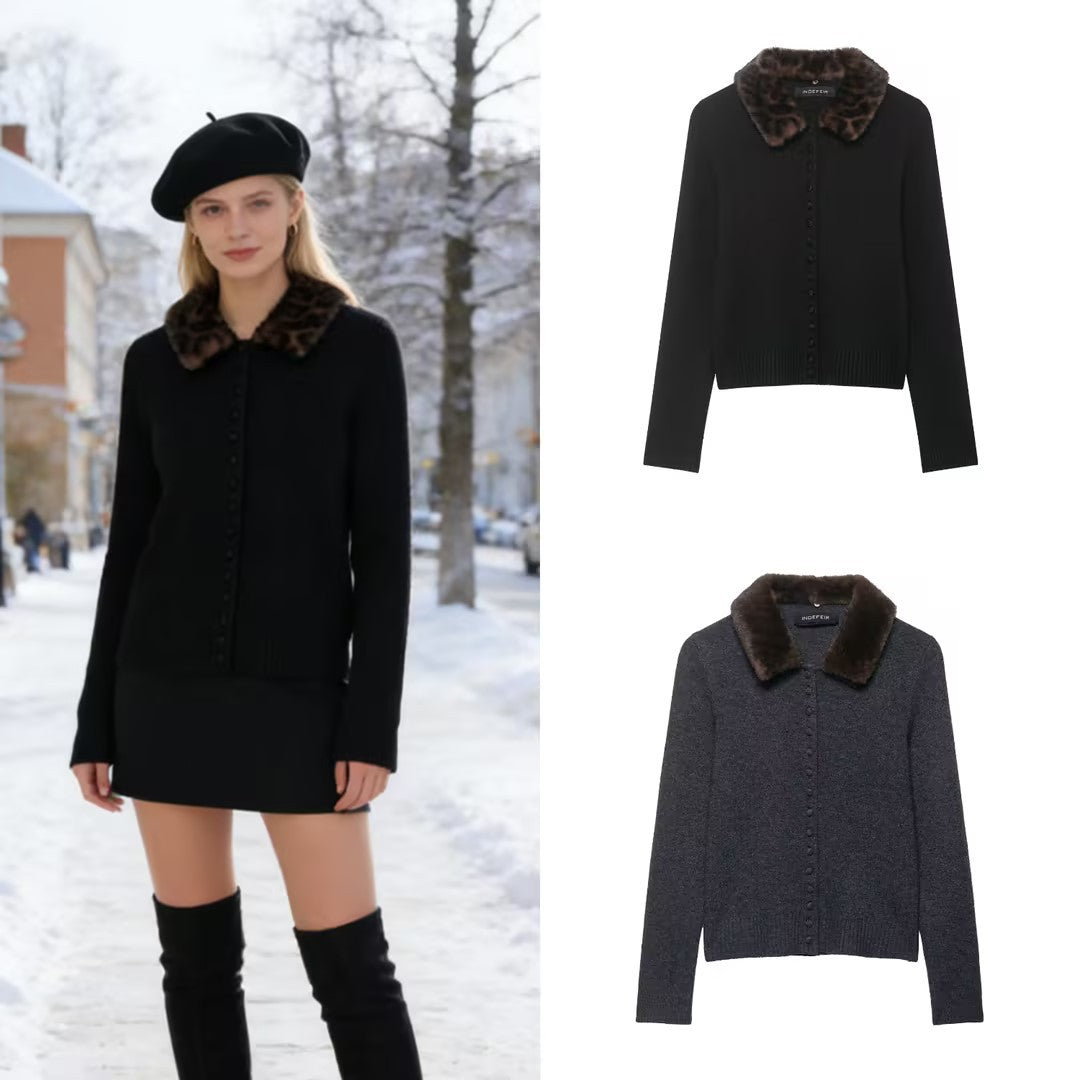Women's fine-knit cardigan with faux fur collar and concealed button placket Chichicherry