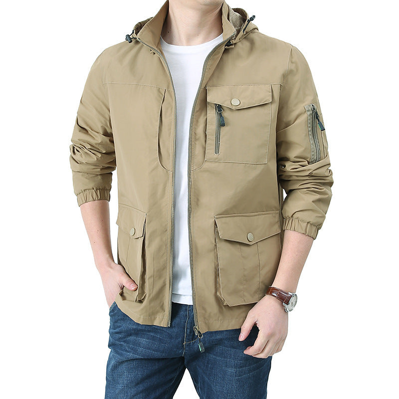 Men's water-repellent hooded canvas field jacket with concealed two-way zipper, elastic sleeve cuffs, and utility patch pockets Chichicherry
