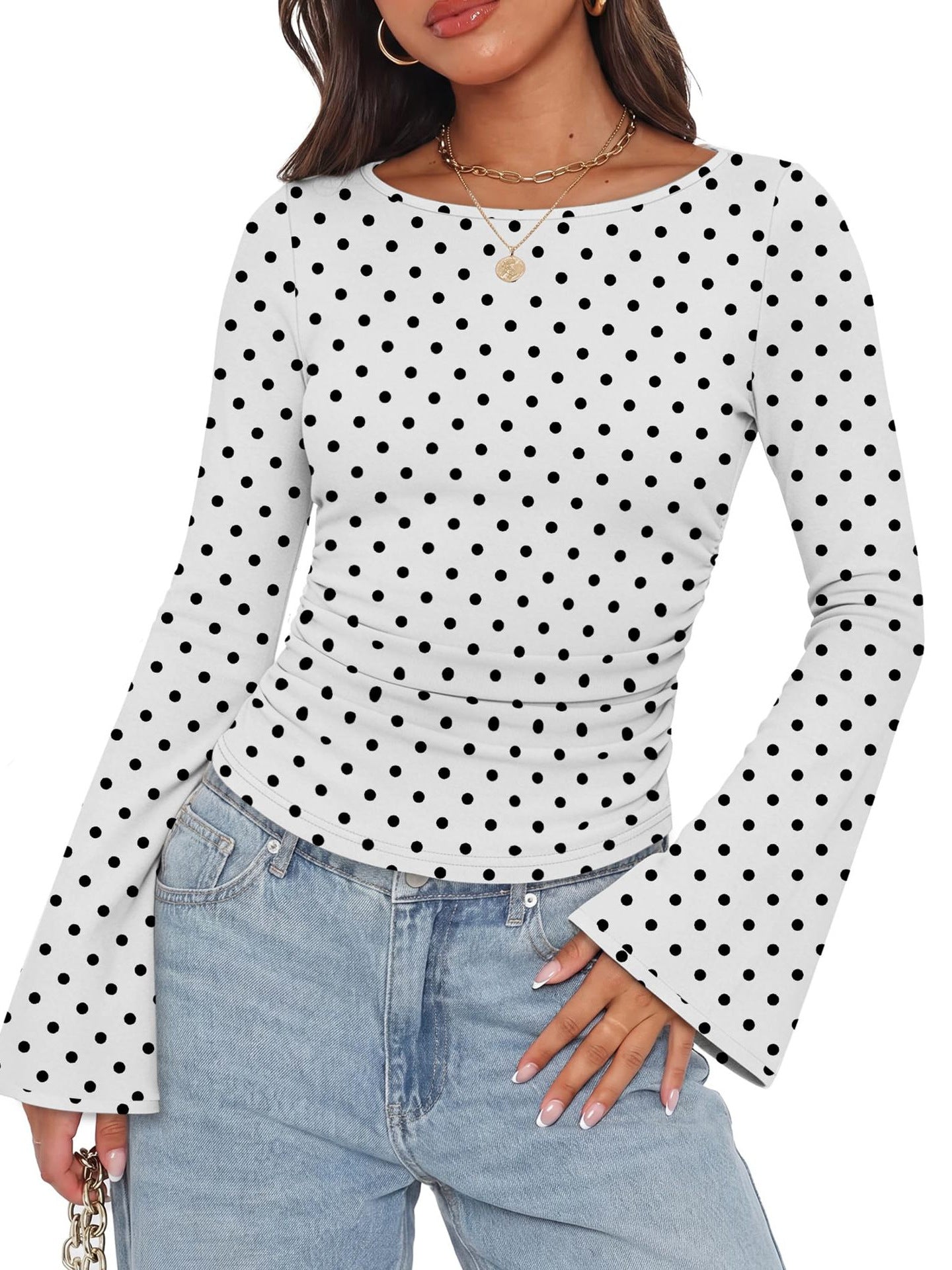 Women's Ribbed Long Sleeve Shirt with Ruffles, Trumpet Sleeves and Contrast Trim Chichicherry