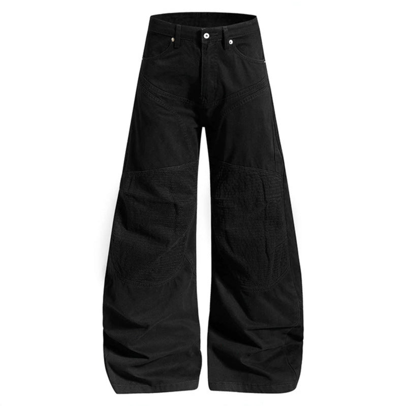 Women High-waisted wide Denim culotte pants with reinforced ribbed knee panels and patch stitching Chichicherry