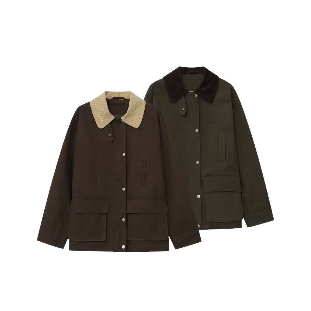 Women's field jacket in parka style with corduroy collar, snap button closure, and patch front pockets Chichicherry