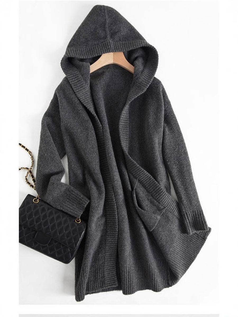 Women's Oversized Hooded Cardigan in Cashmere Look with Open Fall and Wide Rib Chichicherry