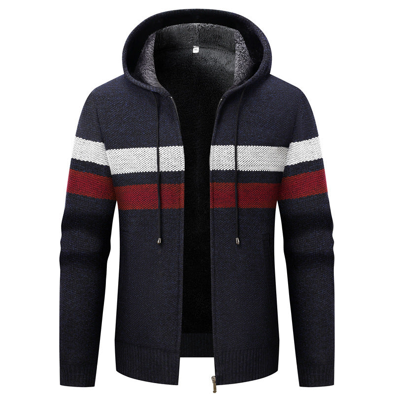 Men's knit zip hoodie with teddy lining, full-length zipper and block stripes Chichicherry