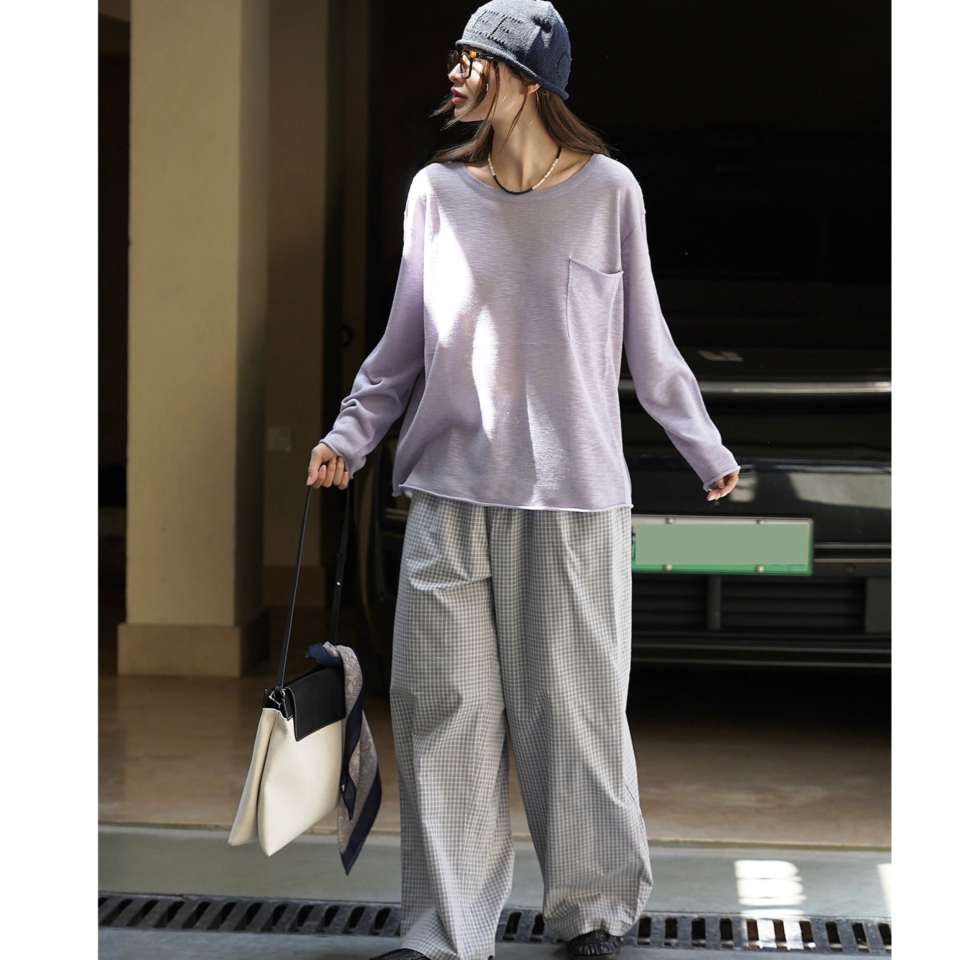 Ladies Wide Lightweight Fine Knit Long Sleeve with Chest Pocket and Round Neckline Chichicherry