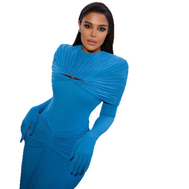 Women Elegant Fitted Evening Dress with Pleated Shawl Collar and Integrated Arm Warmers Chichicherry