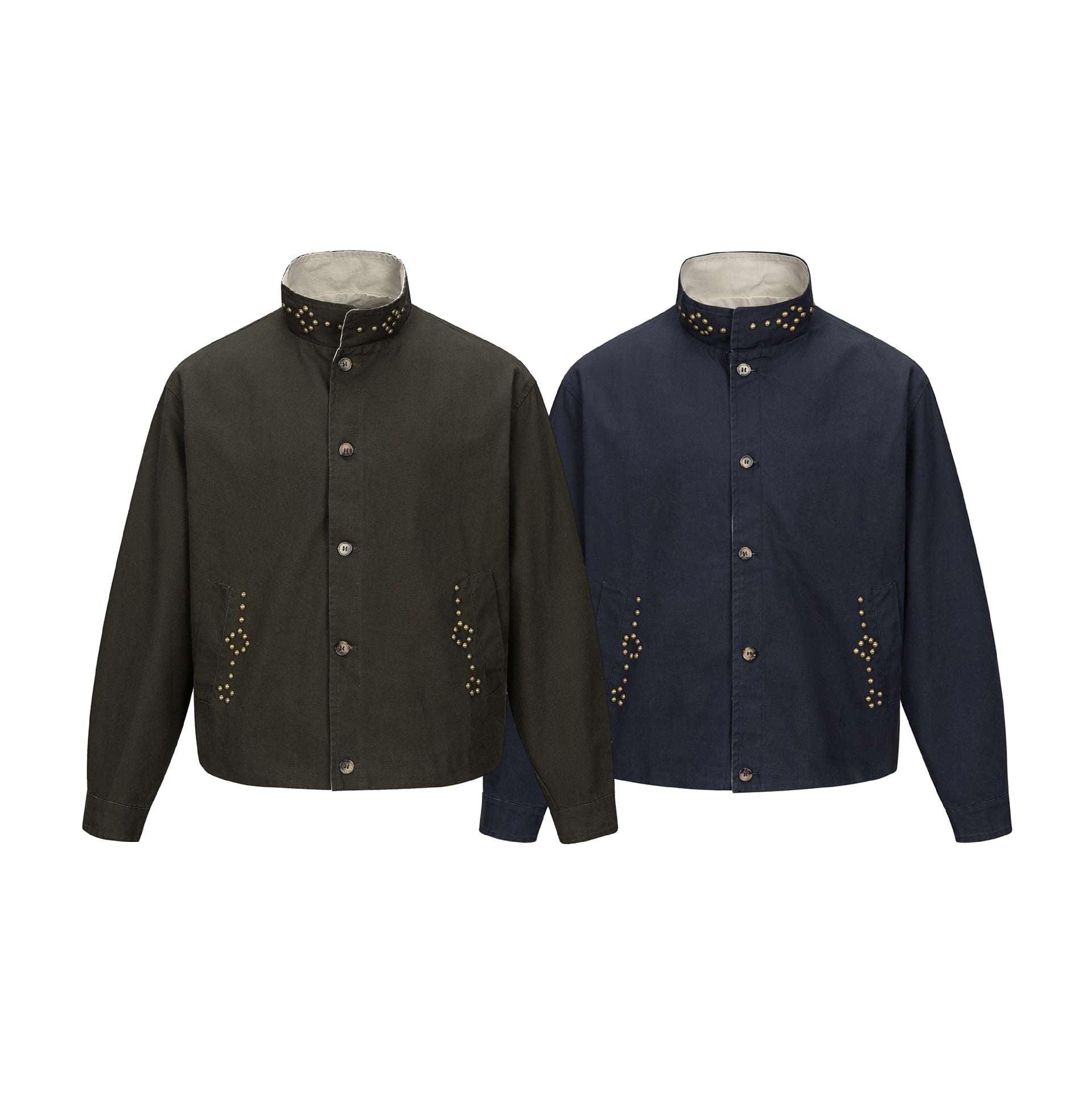 Unisex Short Blouson Jacket with High-Collar Studded Neck and Utility Pockets Chichicherry