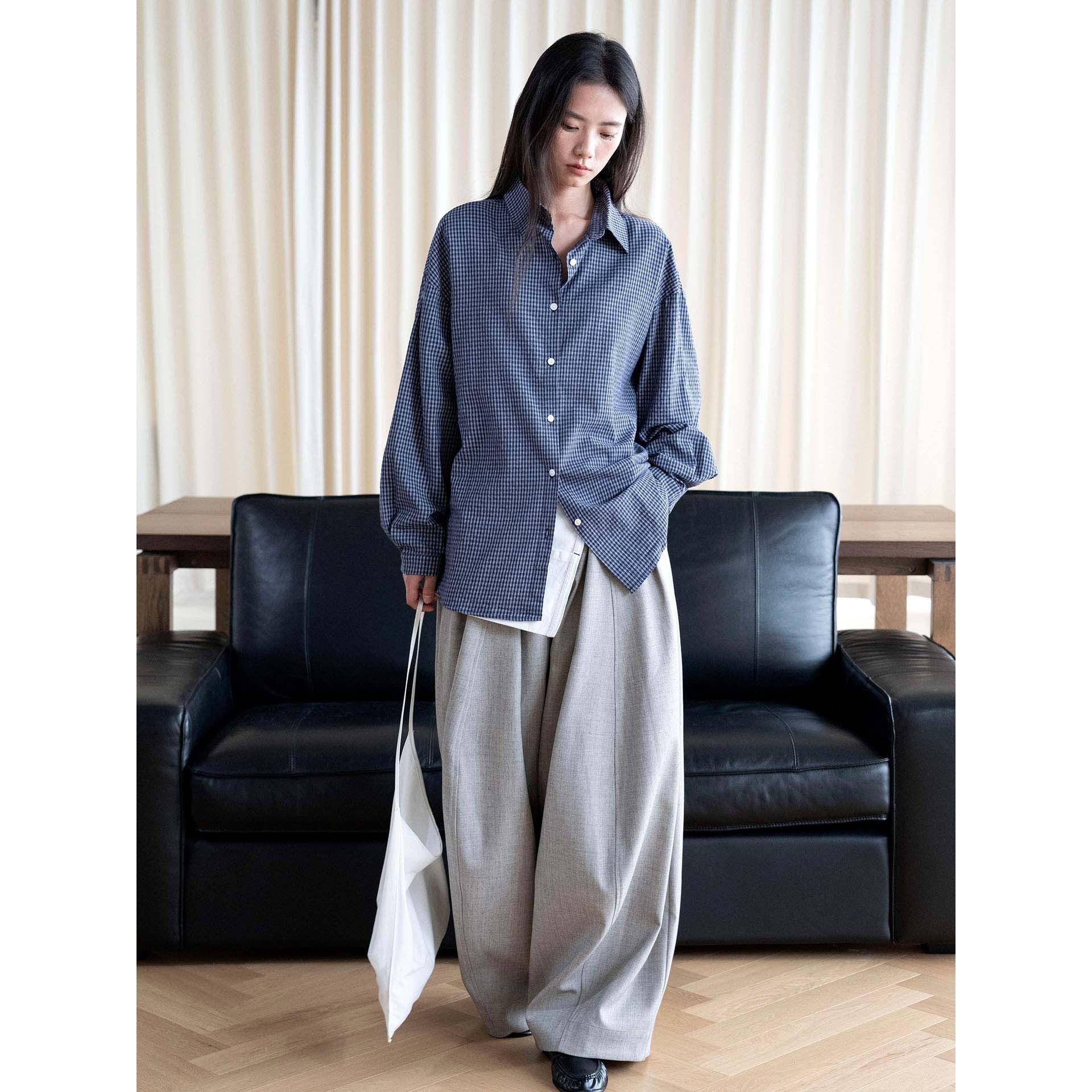 Women's Oversized Checked Shirt Blouse with Relaxed Fit Chichicherry