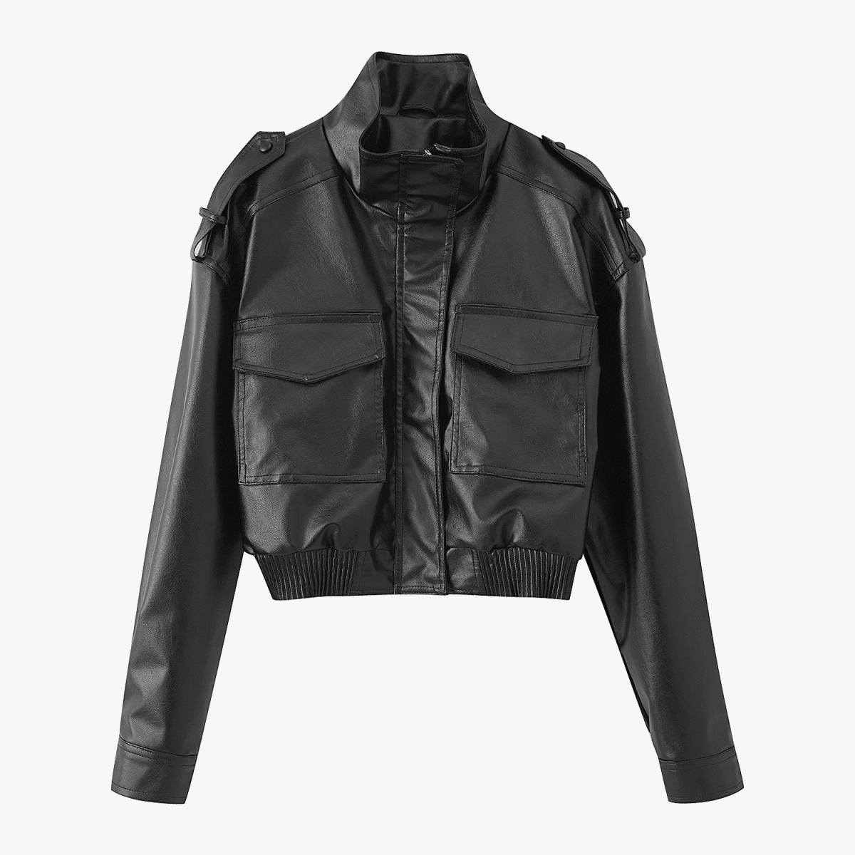 Women's short cut blouson jacket made of vegan leather with shoulder flaps and flap pockets Chichicherry