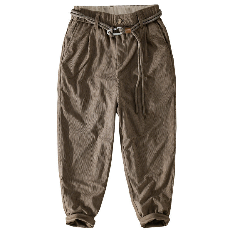 Men's Fine Cord Tapered Pants with Elastic Waistband, Drawstring and Rolled Hem Chichicherry