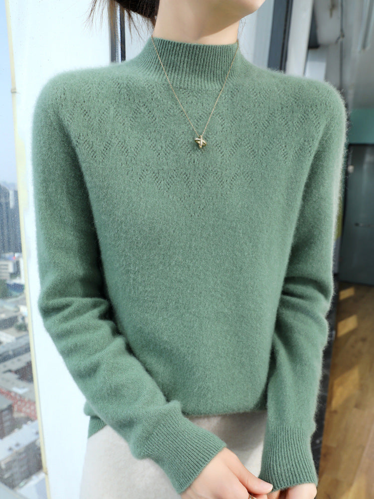 Women's Slim Minimalist Stand Collar Fine Knit Sweater with Ribbed Neck Chichicherry