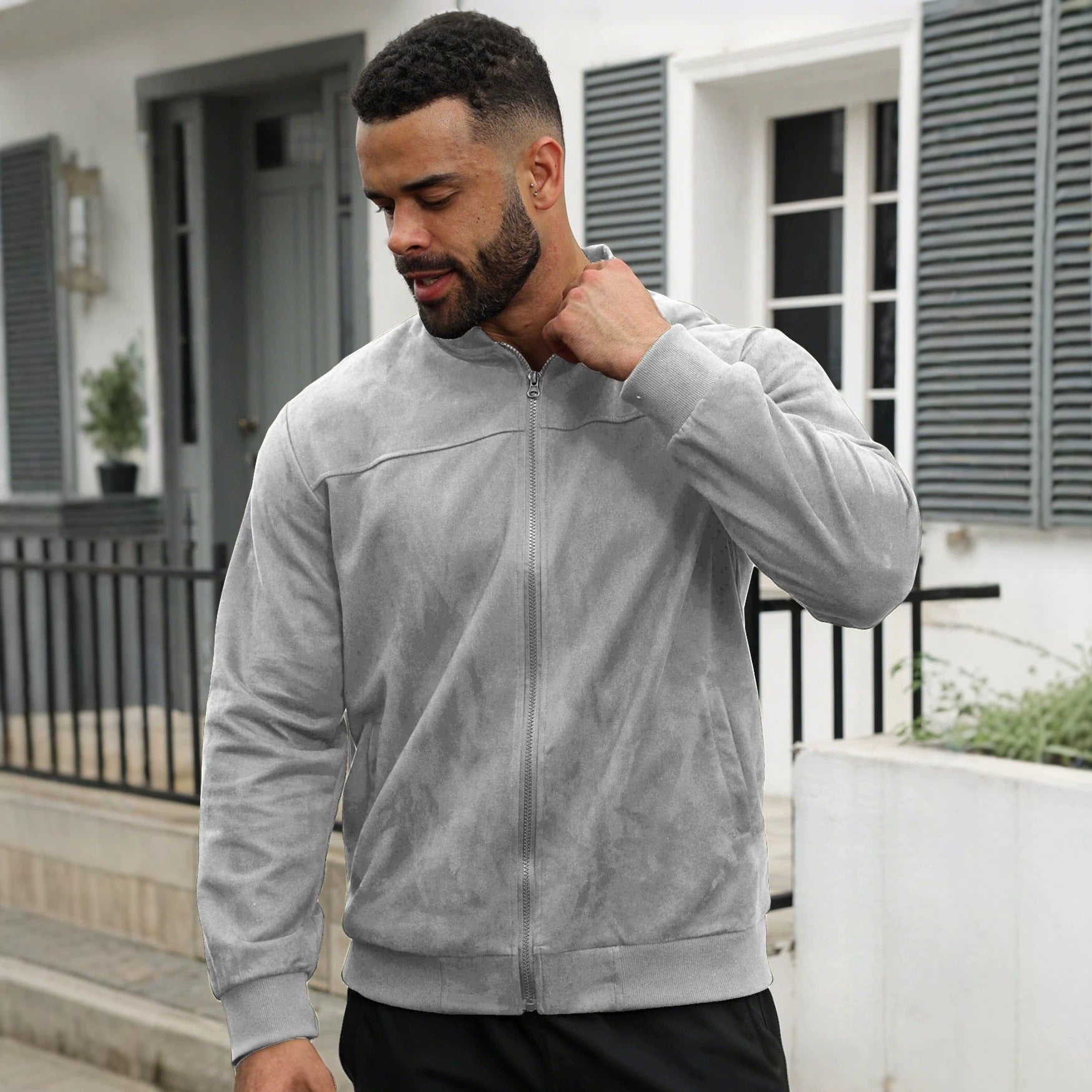 Men's Lightweight Bomber Jacket in Velour Look with Zipper and Ribbed Cuffs Chichicherry