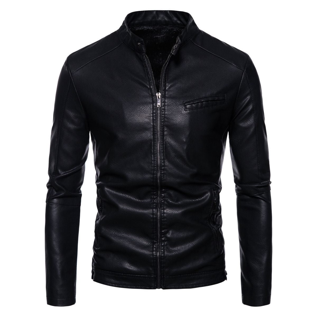 Men's Slim Faux Leather Biker Jacket with Stand-up Collar, Faux Fur Lining and Zipper Pockets Chichicherry
