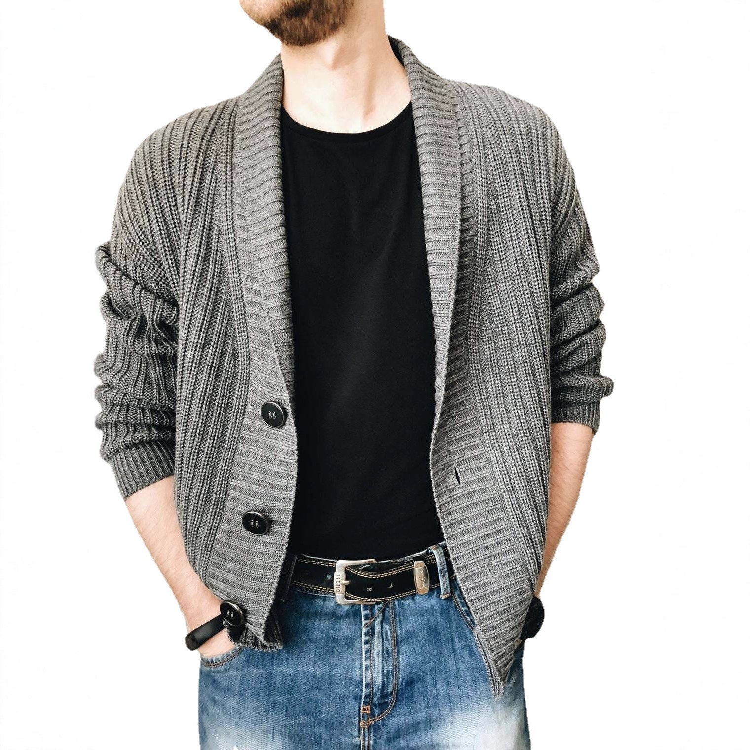 Men's knitted cardigan with shawl collar and button placket Chichicherry