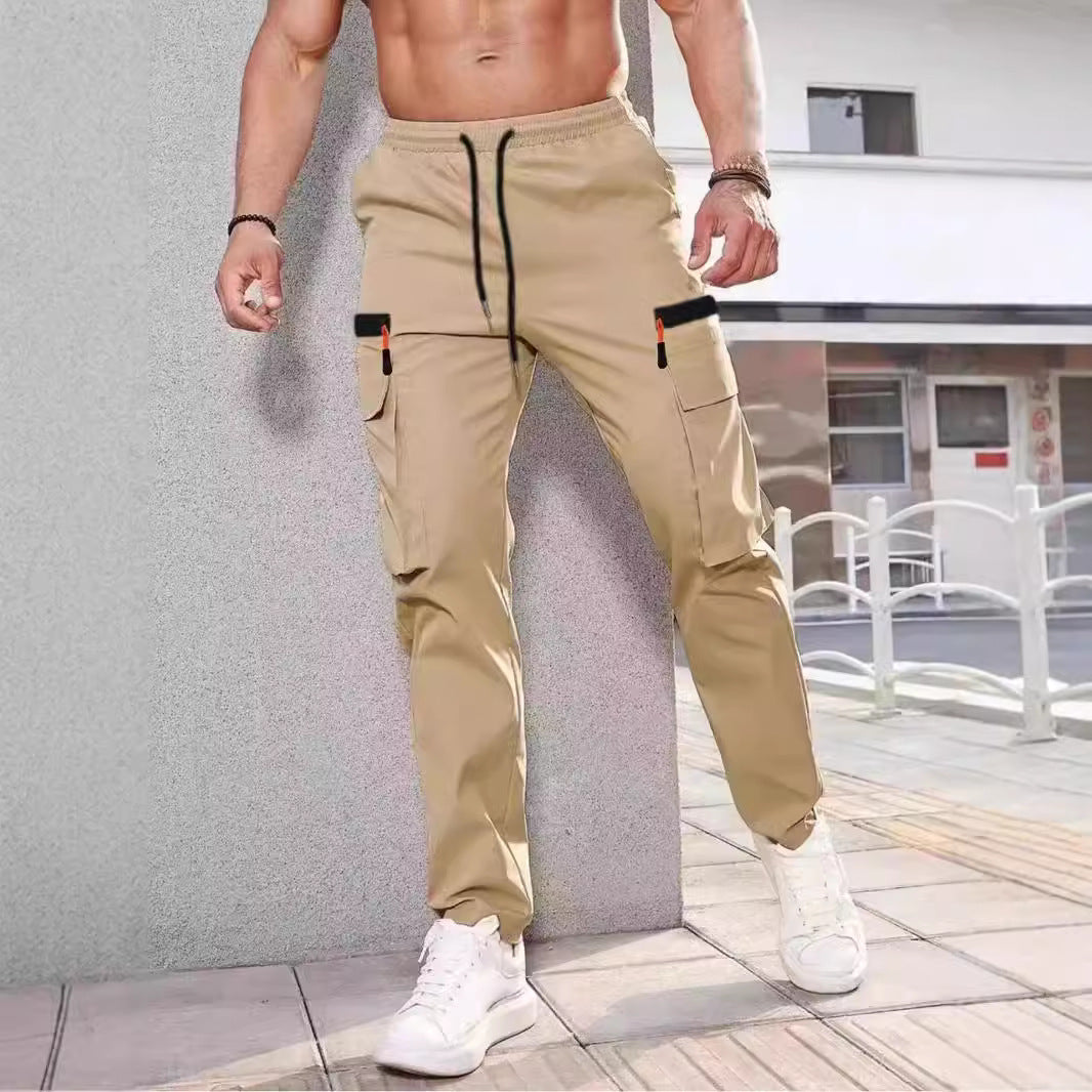 Men's Slim-Tapered Utility Cargo Pants with Elastic Waistband, Drawstring & Multiple Flap Pockets Chichicherry