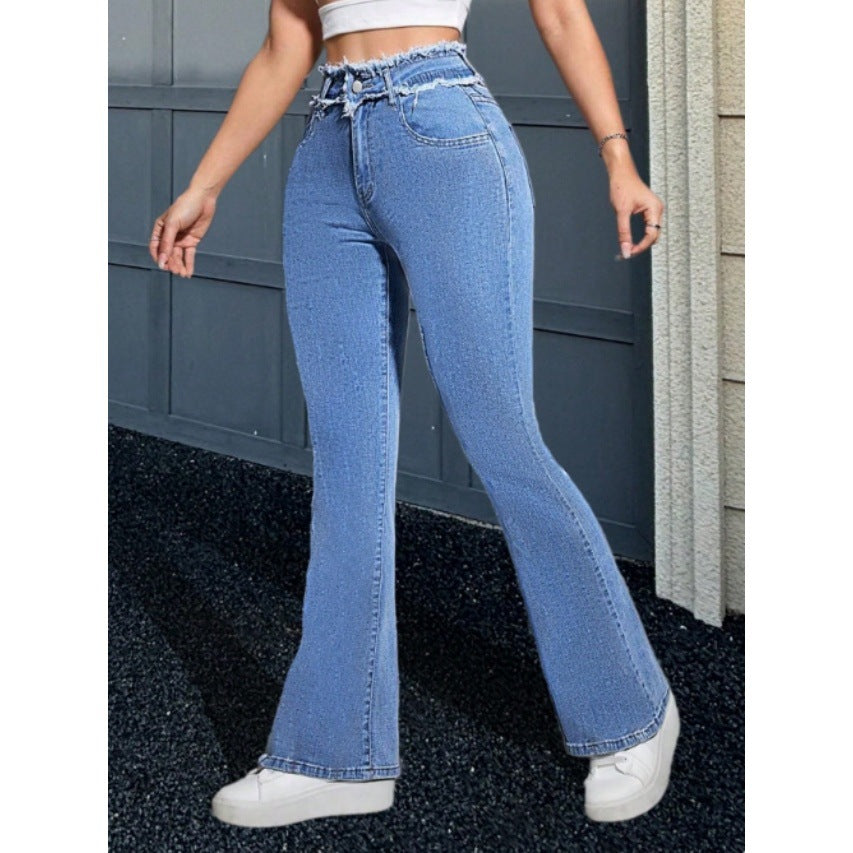 Women High-Waisted Sculpting Flared Jeans with Gathered Waistband and Figure-Shaping Fit Chichicherry