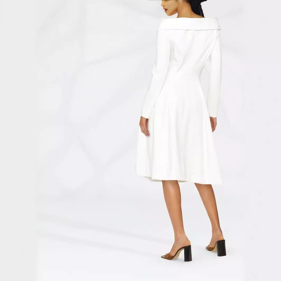 Women's maxi dress in coat look with off-the-shoulder collar and double row Chichicherry