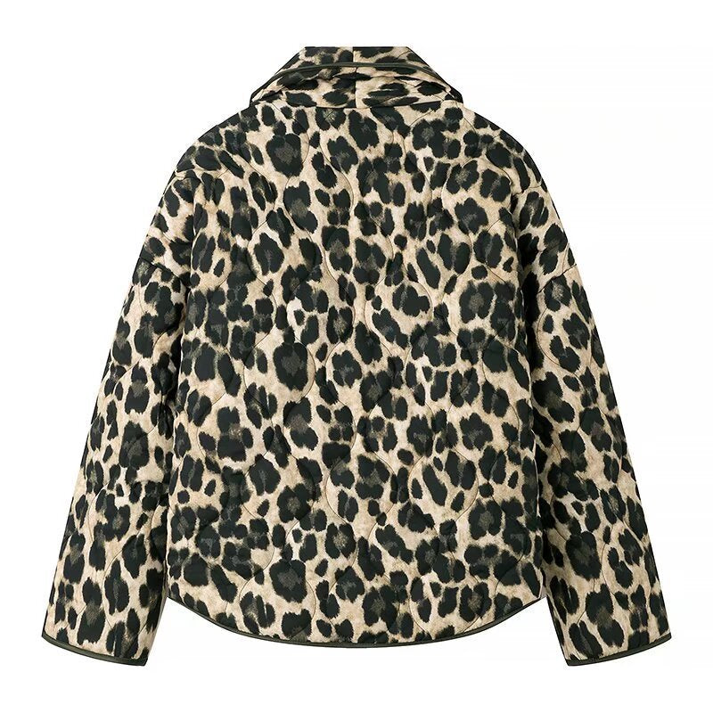 Women's Padded Short Jacket in Leopard Print with Shawl Collar and Patch Pockets Chichicherry