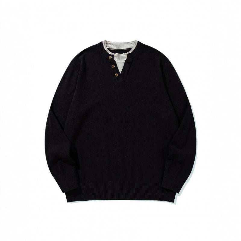 Unisex knit sweater with Henley button placket, contrast collar and boxy cut Chichicherry