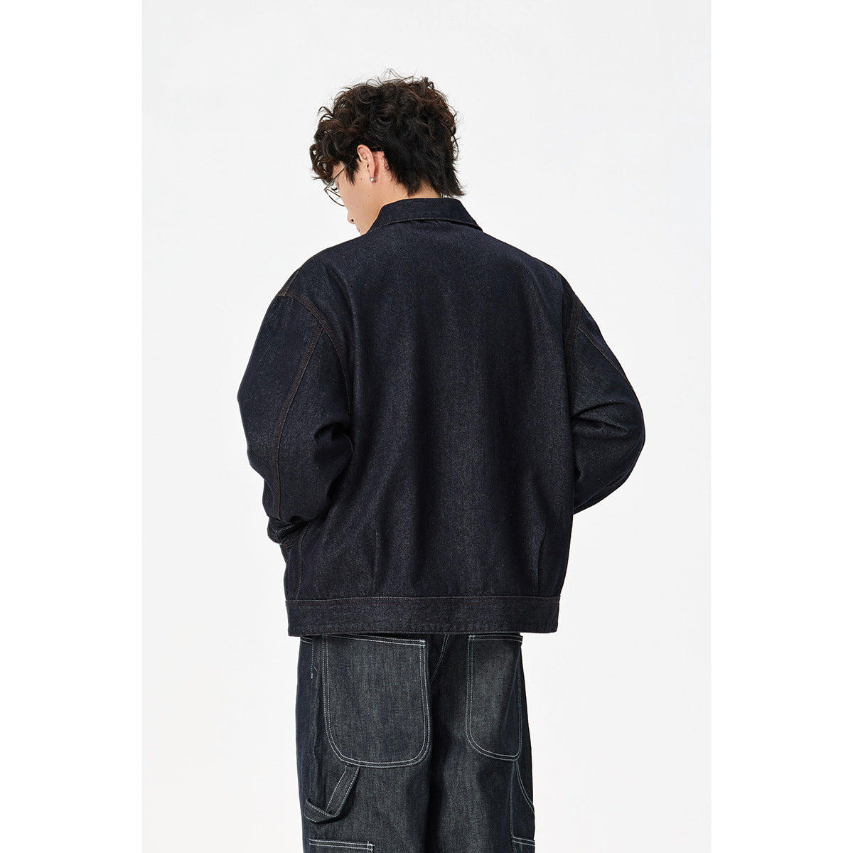 Men's Loose-Fit Denim Worker Jacket with Hidden Zipper and Slanted Chest Pocket Chichicherry