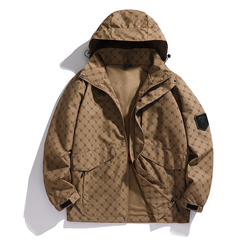 Men's Lightweight Hooded Logo Allover Field Jacket with Mesh Lining and Water-Repellent Surface Chichicherry
