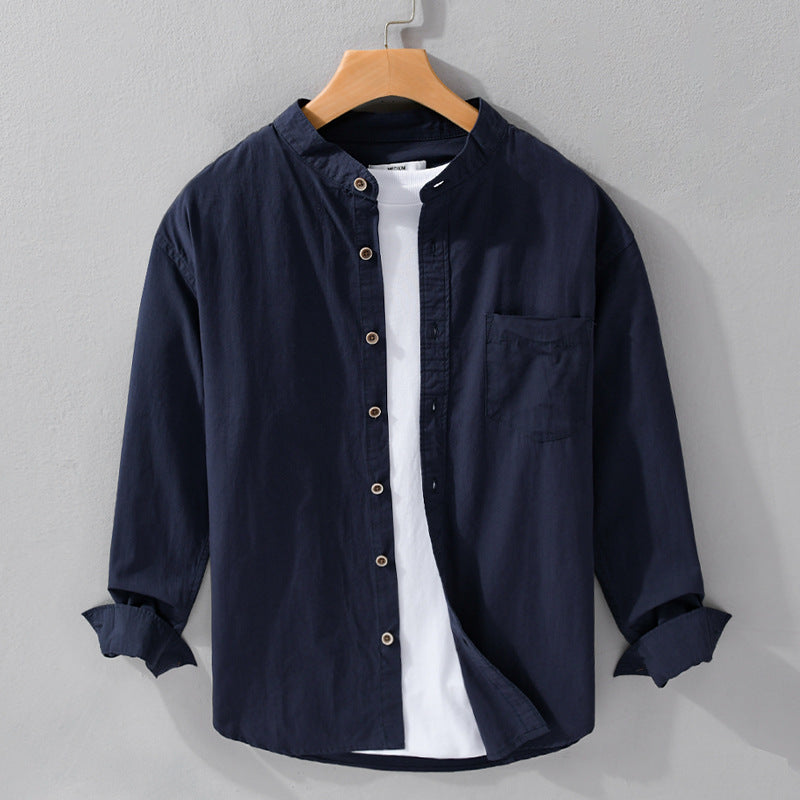 Men's shirt jacket in Mandarin style made of cotton twill, relaxed fit, with patch chest pocket and wooden buttons Chichicherry
