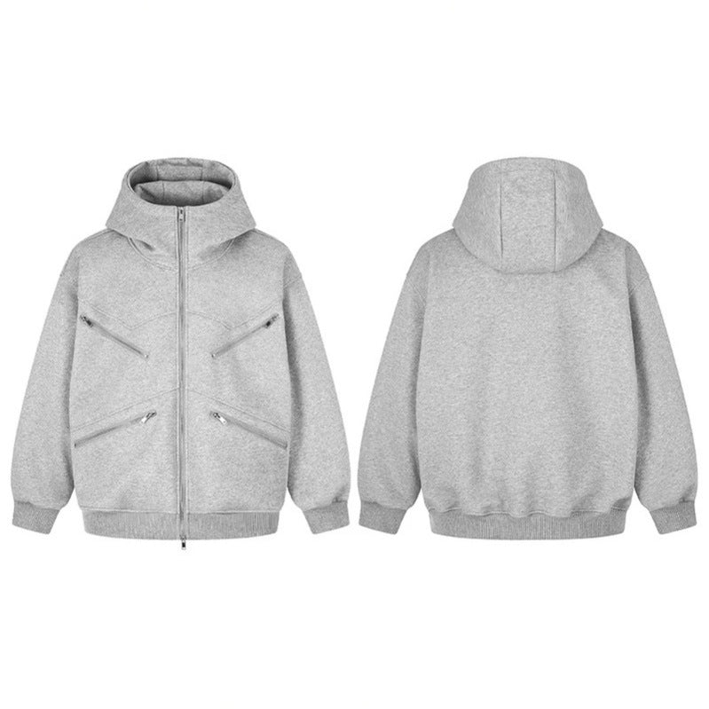 Women's Oversized Hooded Sweat Jacket with High Stand-Up Collar, Four Diagonal Zipper Pockets Chichicherry