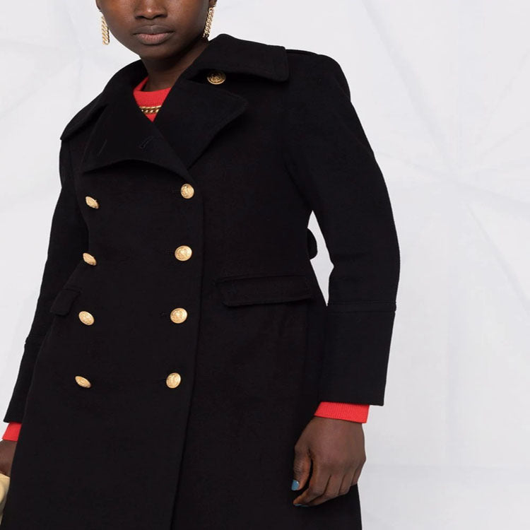 Women Tailored Double-Breasted Coat in Marine Style with Golden Decorative Buttons and Flap Pockets Chichicherry