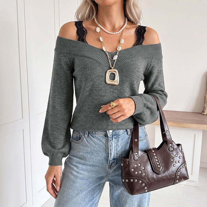 Women's Off-Shoulder V-Neck Fine Knit Sweater with Lace Strap Look and Balloon Sleeves Chichicherry