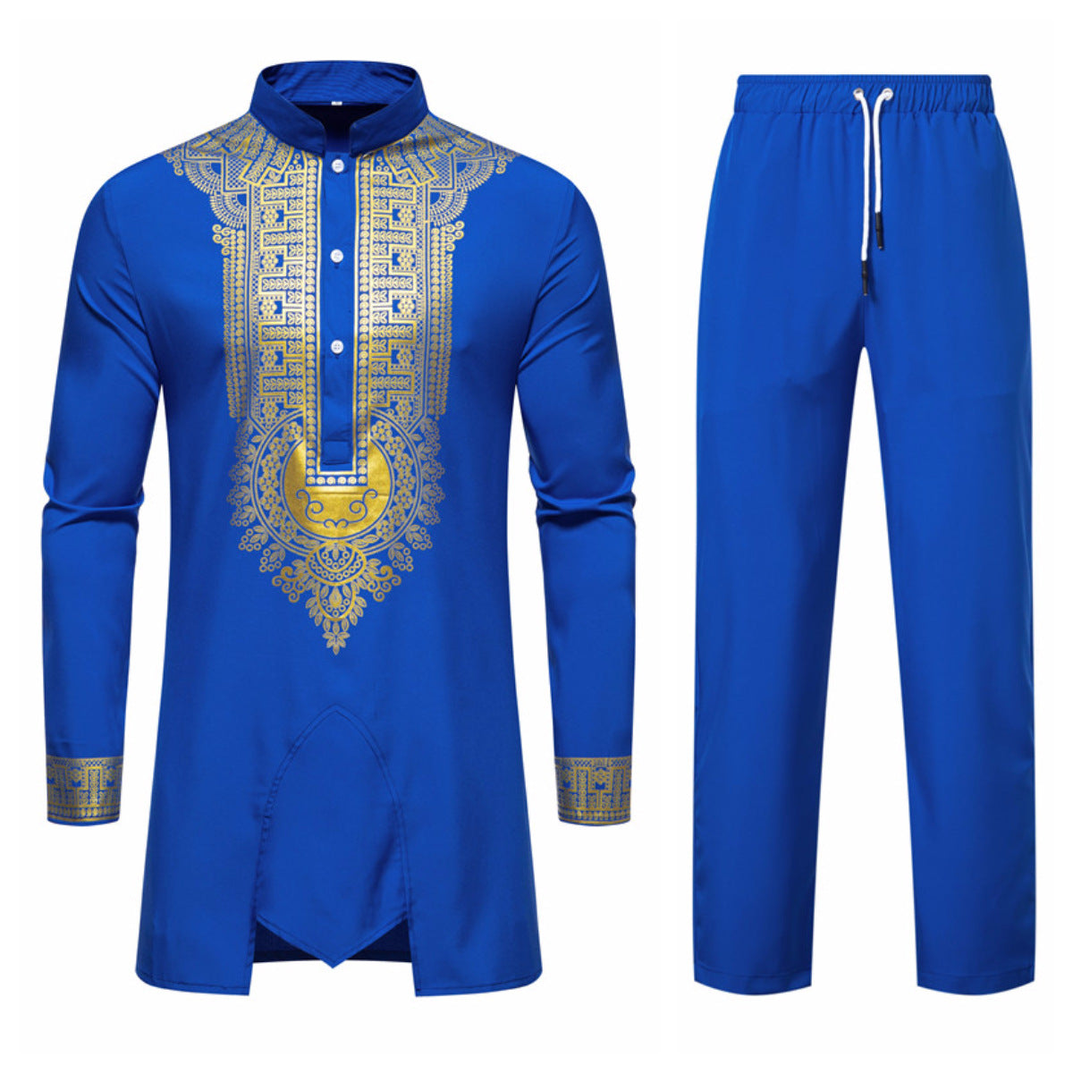 Men's Traditional Tunic Set with Stand-Up Collar and Gold Ornament Print, Long Shirt & Drawstring Pants Chichicherry
