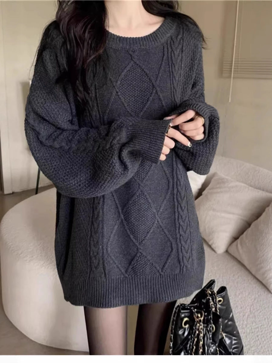 Women Oversize Cable Knit Long Sweater with Round Neck and Balloon Sleeves Chichicherry
