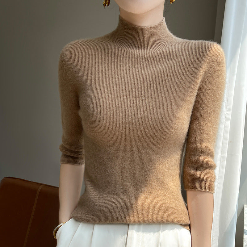 Women's Short Sleeve Mock Neck Sweater with Fluffy Angora Look Chichicherry
