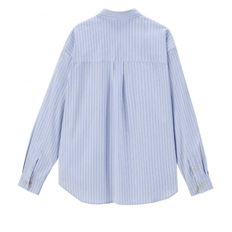 Women's Wide Striped Oversized Shirt with Chest Pocket and Rounded Hem Chichicherry